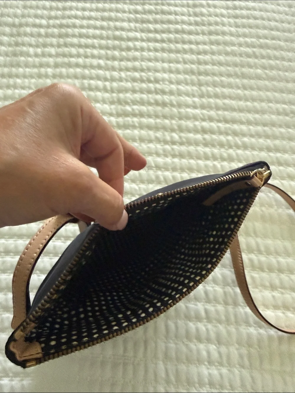 Kate Spade Black Crossbody Bag with Tan Strap and Gold Hardware